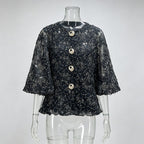 Floral Lace Blouse Women's Puff Sleeve Top Gold Buttons