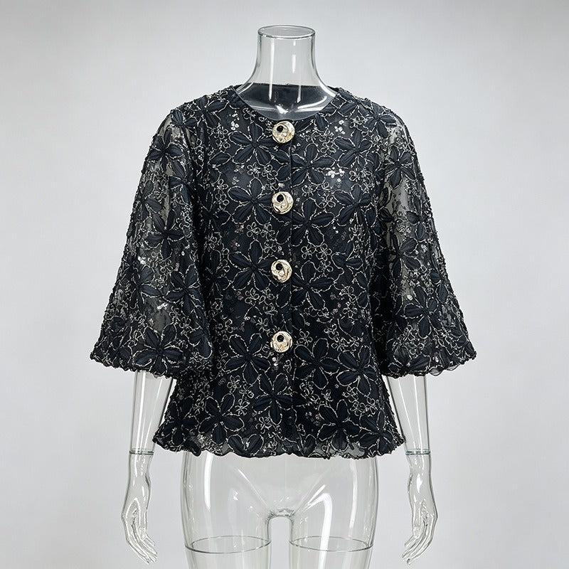 Floral Lace Blouse Women's Puff Sleeve Top Gold Buttons