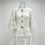 Floral Lace Blouse Women's Puff Sleeve Top Gold Buttons