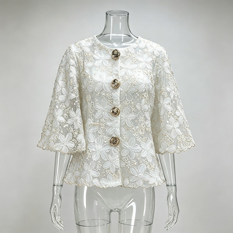 Floral Lace Blouse Women's Puff Sleeve Top Gold Buttons