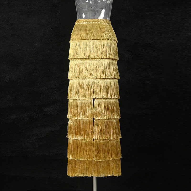 Fringe Layered High-Waisted Skirt – Black, Gold & White