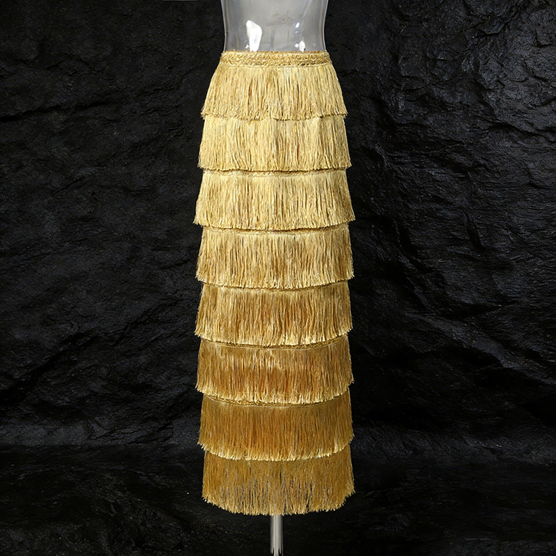 Fringe Layered High-Waisted Skirt – Black, Gold & White