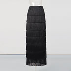 Fringe Layered High-Waisted Skirt – Black, Gold & White