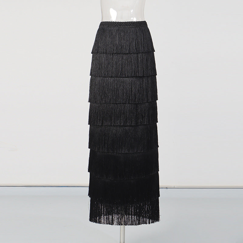 Fringe Layered High-Waisted Skirt – Black, Gold & White