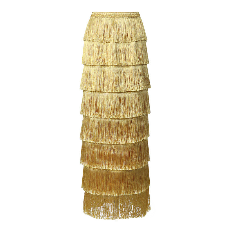 Fringe Layered High-Waisted Skirt – Black, Gold & White