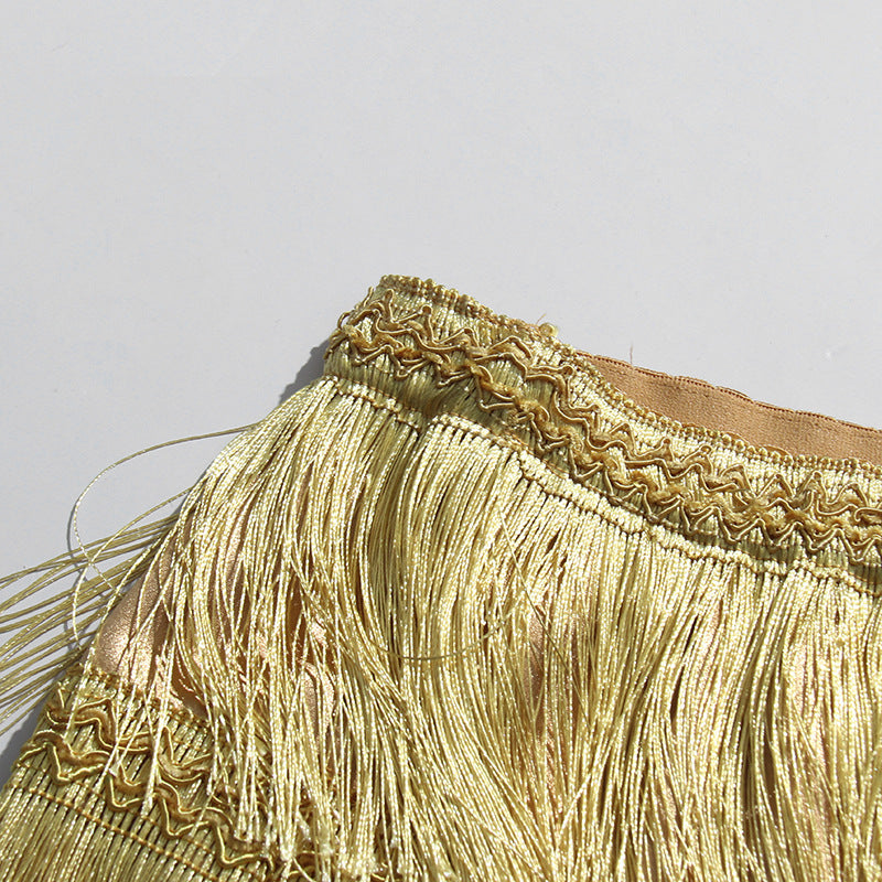 Fringe Layered High-Waisted Skirt – Black, Gold & White