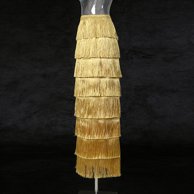 Fringe Layered High-Waisted Skirt – Black, Gold & White