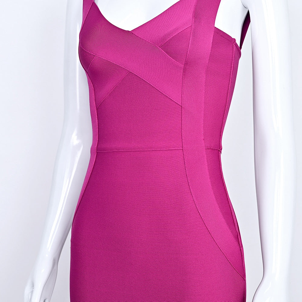 Fuchsia Pink Bodycon Midi Dress – Sleeveless V-Neck with Cross Front Detail For Summer Parties & Dates