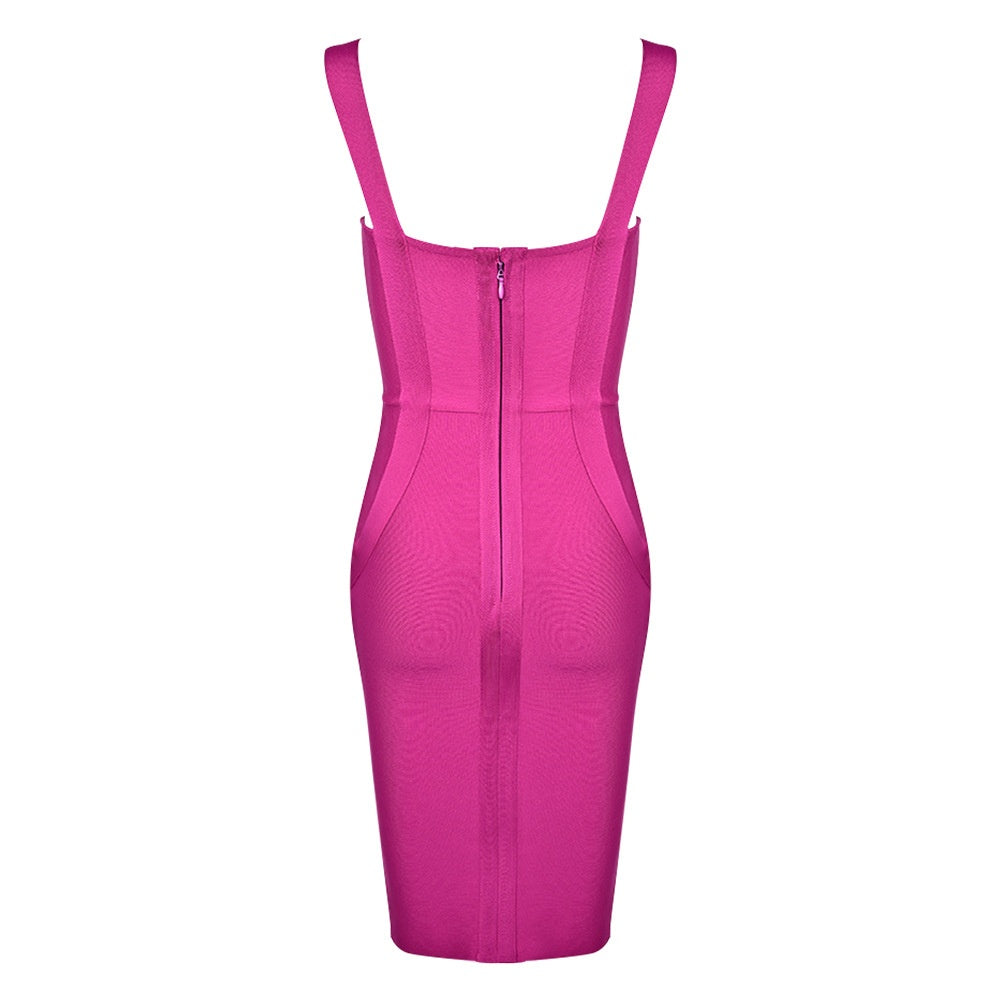 Fuchsia Pink Bodycon Midi Dress – Sleeveless V-Neck with Cross Front Detail For Summer Parties & Dates