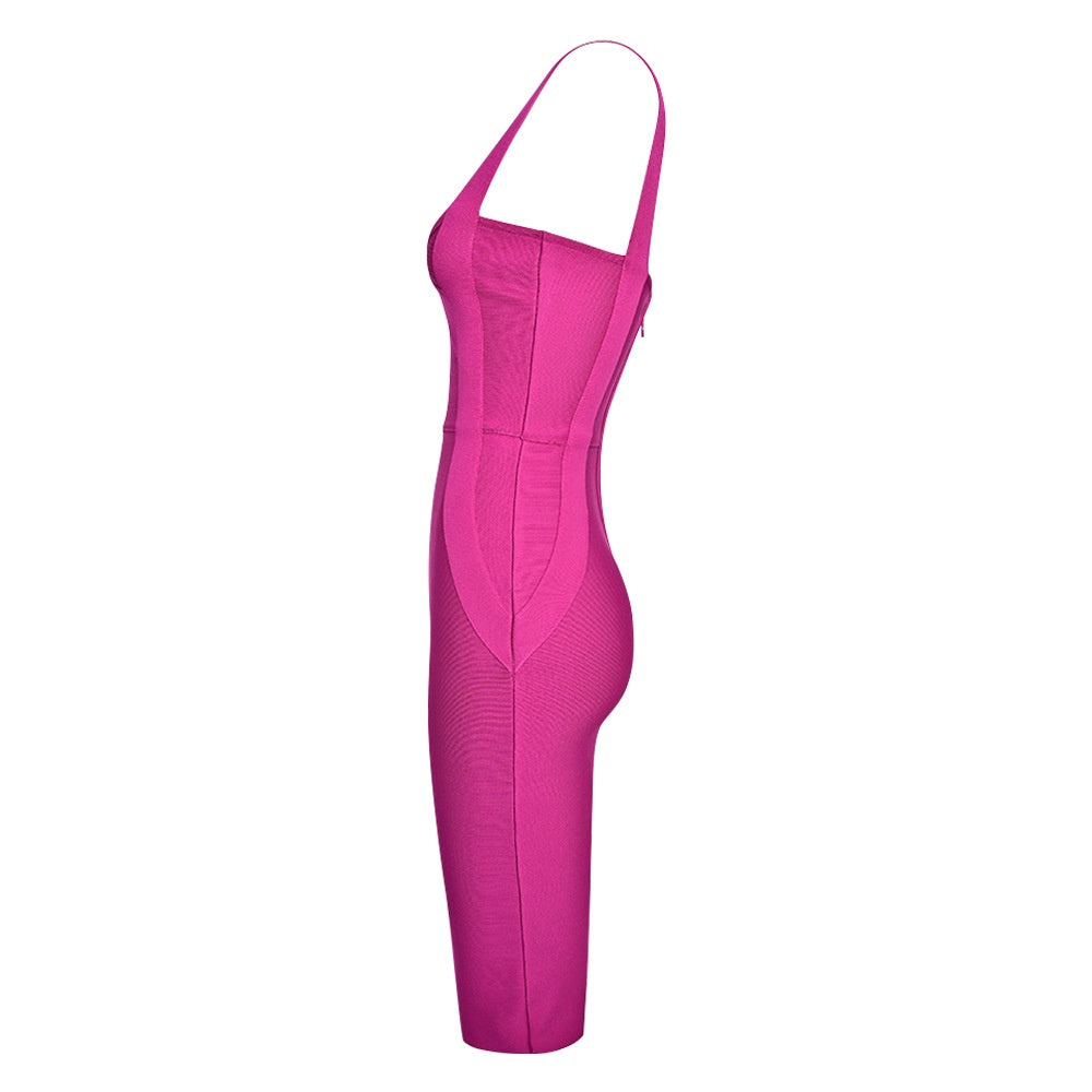 Fuchsia Pink Bodycon Midi Dress – Sleeveless V-Neck with Cross Front Detail For Summer Parties & Dates