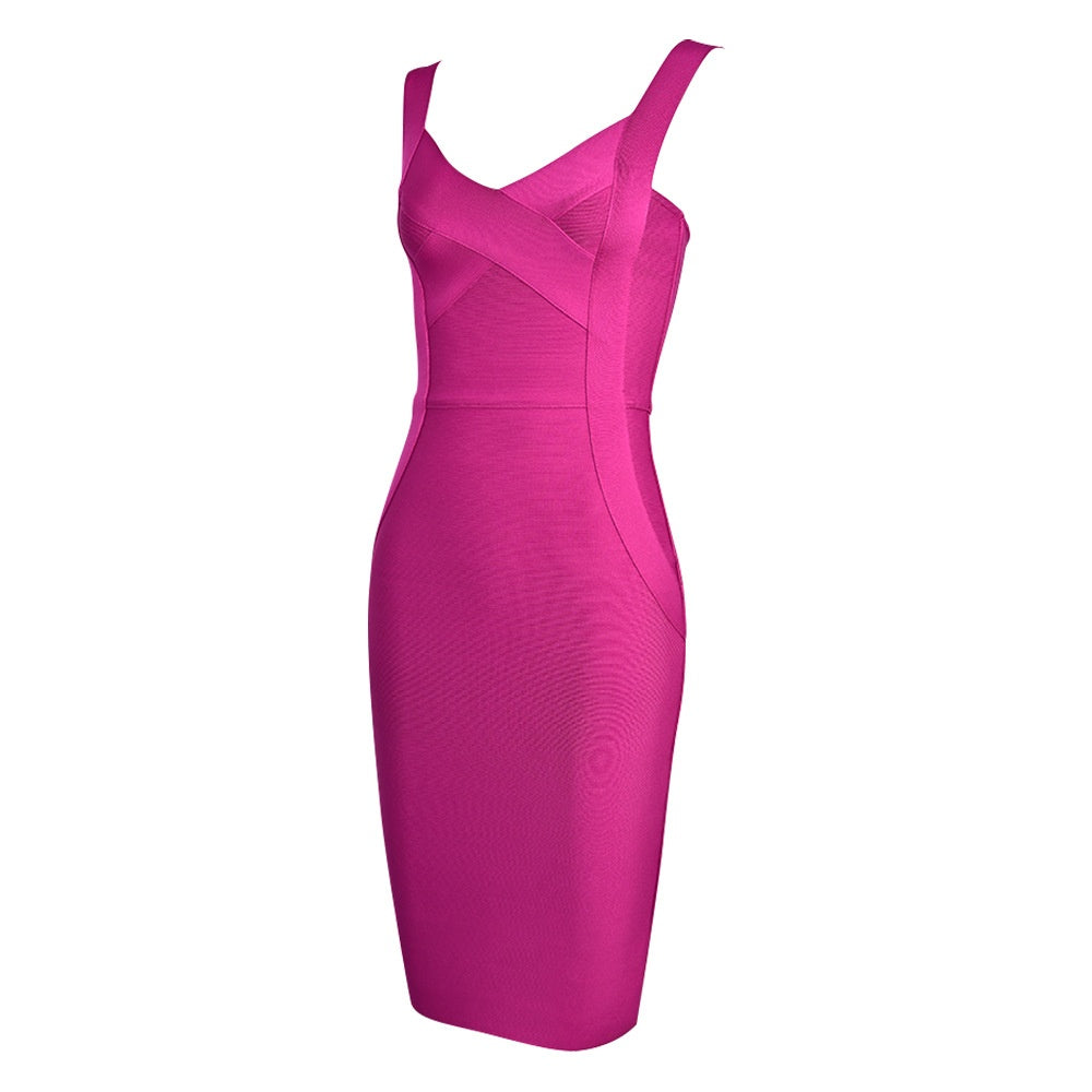 Fuchsia Pink Bodycon Midi Dress – Sleeveless V-Neck with Cross Front Detail For Summer Parties & Dates