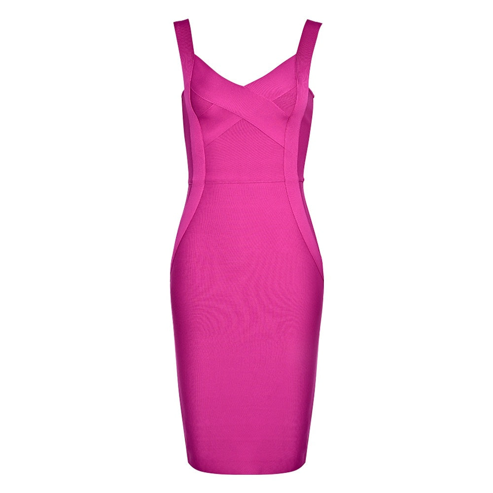 Fuchsia Pink Bodycon Midi Dress – Sleeveless V-Neck with Cross Front Detail For Summer Parties & Dates