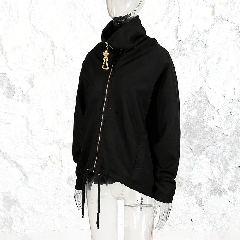 Funnel Neck Zip Jacket Women | Gold Hardware Drawstring Waist Utility Coat