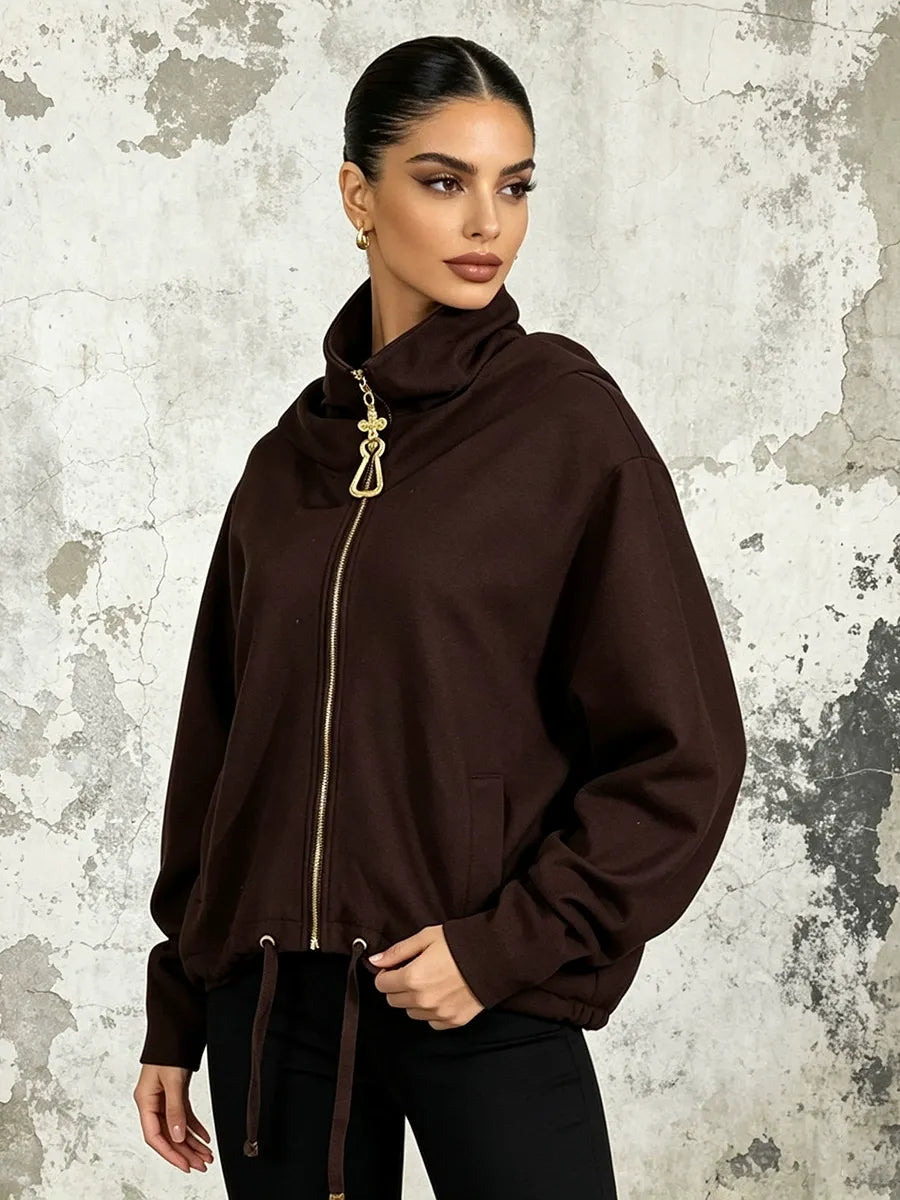 Funnel Neck Zip Jacket Women | Gold Hardware Drawstring Waist Utility Coat