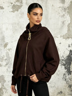 Funnel Neck Zip Jacket Women | Gold Hardware Drawstring Waist Utility Coat