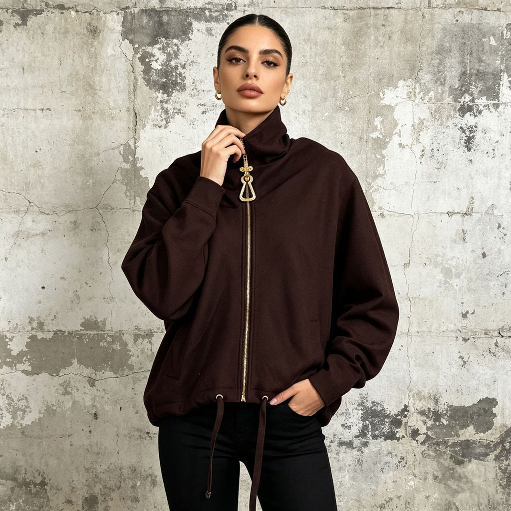Funnel Neck Zip Jacket Women | Gold Hardware Drawstring Waist Utility Coat