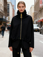 Funnel Neck Zip Jacket Women | Gold Hardware Drawstring Waist Utility Coat