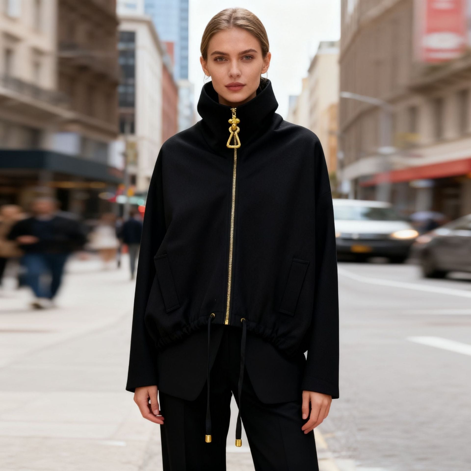 Funnel Neck Zip Jacket Women | Gold Hardware Drawstring Waist Utility Coat