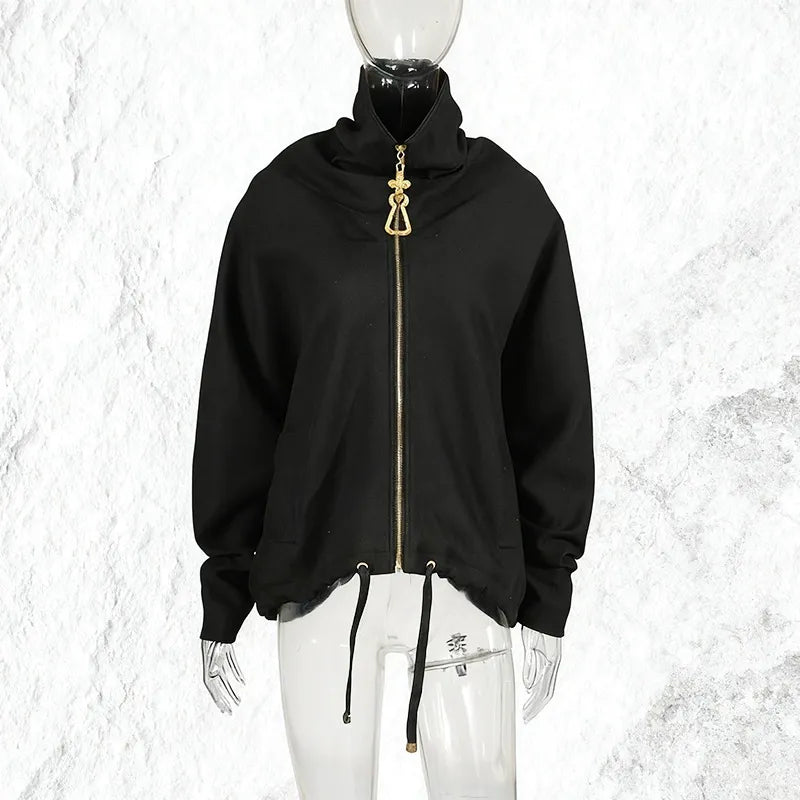 Funnel Neck Zip Jacket Women | Gold Hardware Drawstring Waist Utility Coat