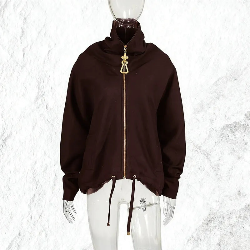 Funnel Neck Zip Jacket Women | Gold Hardware Drawstring Waist Utility Coat