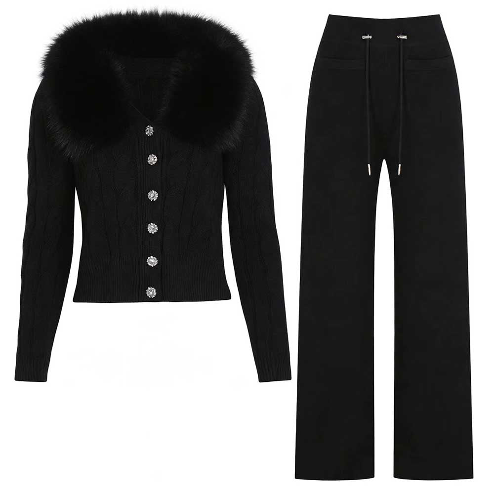 Fur Collar Cardigan Knit Set Rhinestone Buttons Wide Leg Pants - Styeenigma