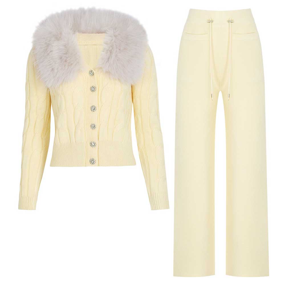 Fur Collar Cardigan Knit Set Rhinestone Buttons Wide Leg Pants - Styeenigma