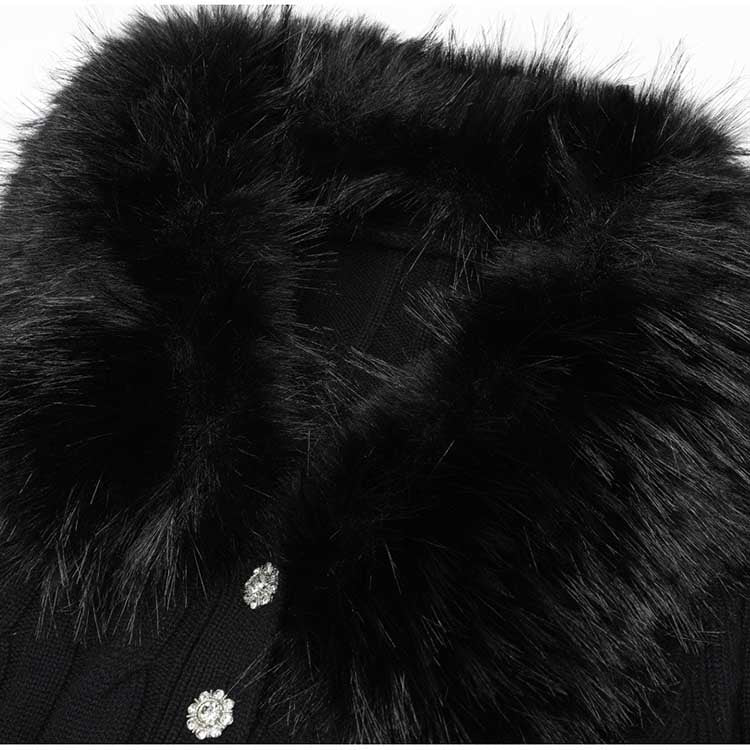 Fur Collar Cardigan Knit Set Rhinestone Buttons Wide Leg Pants - Styeenigma