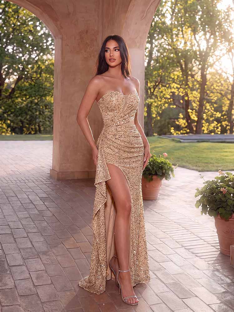 Gold Sequin Strapless Gown – High Slit Formal Dress for Evening & Prom - Styeenigma