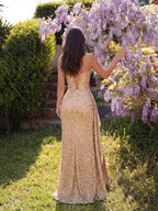 Gold Sequin Strapless Gown – High Slit Formal Dress for Evening & Prom - Styeenigma