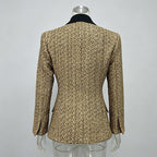 Gold Tweed Blazer Women | Black Satin Lapel Double Breasted Suit Jacket - Styeenigma