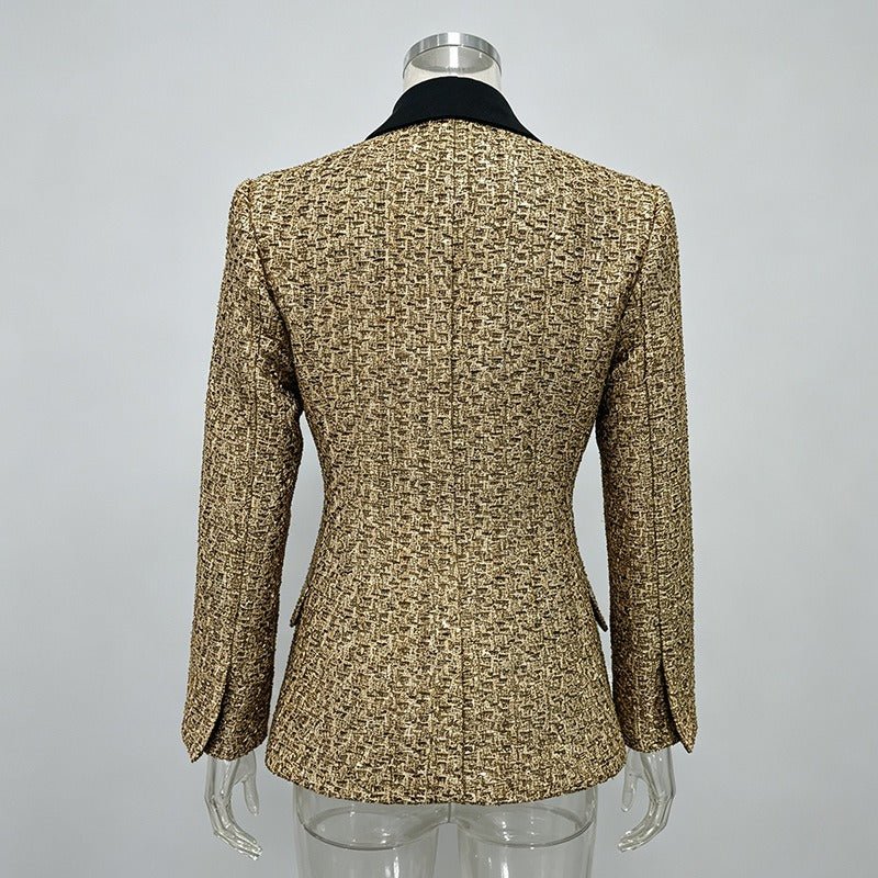 Gold Tweed Blazer Women | Black Satin Lapel Double Breasted Suit Jacket - Styeenigma
