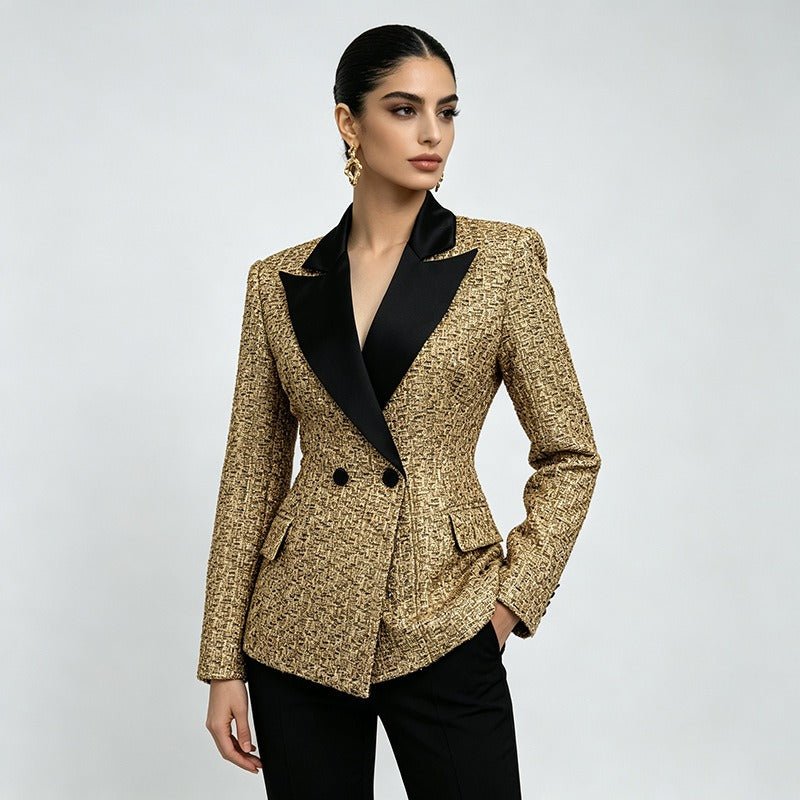 Gold Tweed Blazer Women | Black Satin Lapel Double Breasted Suit Jacket - Styeenigma