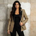 Gold Tweed Blazer Women | Black Satin Lapel Double Breasted Suit Jacket - Styeenigma