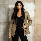 Gold Tweed Blazer Women | Black Satin Lapel Double Breasted Suit Jacket - Styeenigma