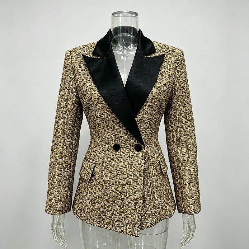 Gold Tweed Blazer Women | Black Satin Lapel Double Breasted Suit Jacket - Styeenigma