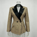 Gold Tweed Blazer Women | Black Satin Lapel Double Breasted Suit Jacket - Styeenigma