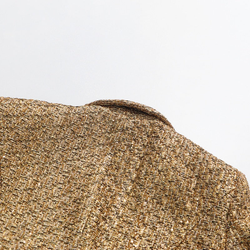 Gold Tweed Double Breasted Blazer Set Women's 2 Piece Suit Pearl Buttons