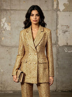 Gold Tweed Double Breasted Blazer Set Women's 2 Piece Suit Pearl Buttons