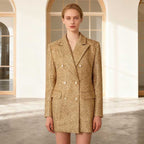 Gold Tweed Double Breasted Blazer Set Women's 2 Piece Suit Pearl Buttons