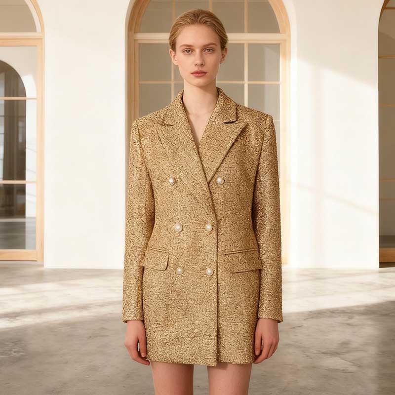 Gold Tweed Double Breasted Blazer Set Women's 2 Piece Suit Pearl Buttons