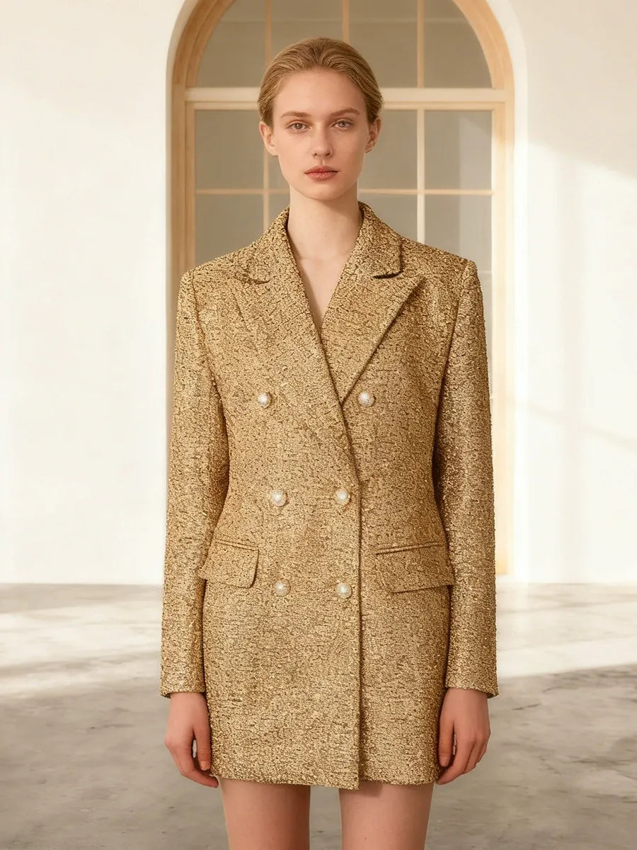 Gold Tweed Double Breasted Blazer Set Women's 2 Piece Suit Pearl Buttons