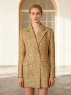 Gold Tweed Double Breasted Blazer Set Women's 2 Piece Suit Pearl Buttons
