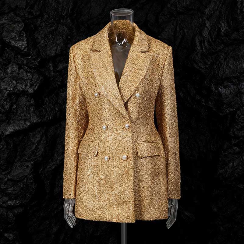 Gold Tweed Double Breasted Blazer Set Women's 2 Piece Suit Pearl Buttons