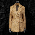 Gold Tweed Double Breasted Blazer Set Women's 2 Piece Suit Pearl Buttons