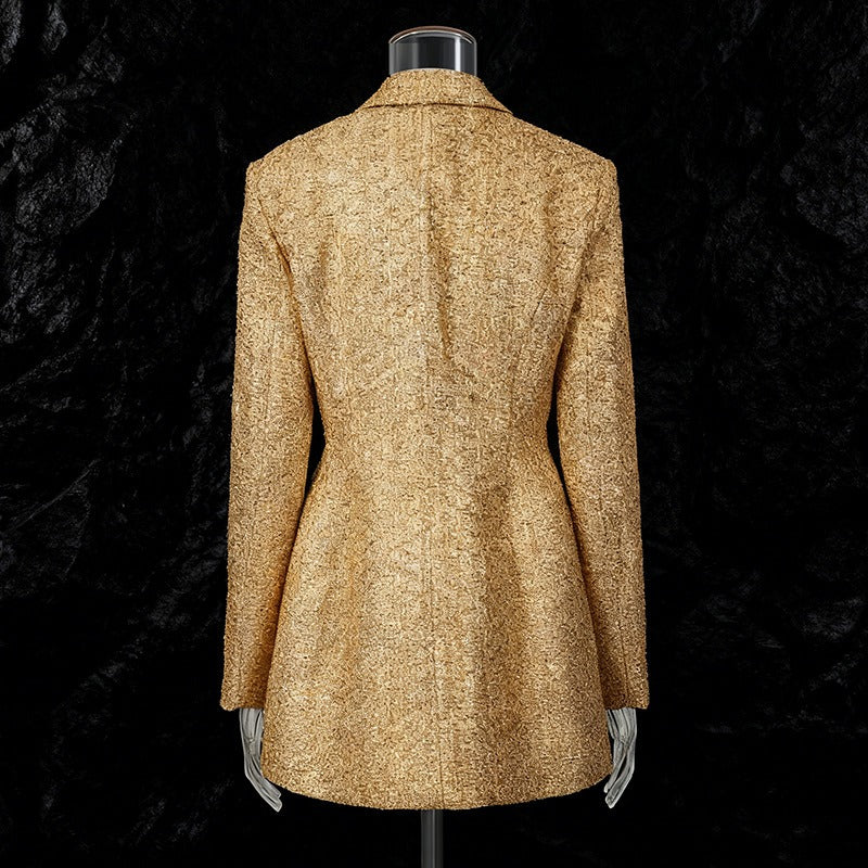 Gold Tweed Double Breasted Blazer Set Women's 2 Piece Suit Pearl Buttons