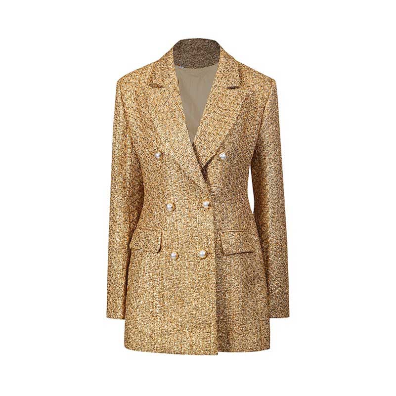 Gold Tweed Double Breasted Blazer Set Women's 2 Piece Suit Pearl Buttons