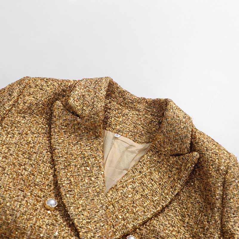 Gold Tweed Double Breasted Blazer Set Women's 2 Piece Suit Pearl Buttons