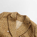 Gold Tweed Double Breasted Blazer Set Women's 2 Piece Suit Pearl Buttons