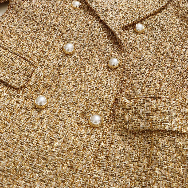 Gold Tweed Double Breasted Blazer Set Women's 2 Piece Suit Pearl Buttons