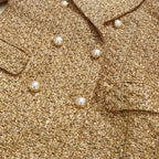 Gold Tweed Double Breasted Blazer Set Women's 2 Piece Suit Pearl Buttons